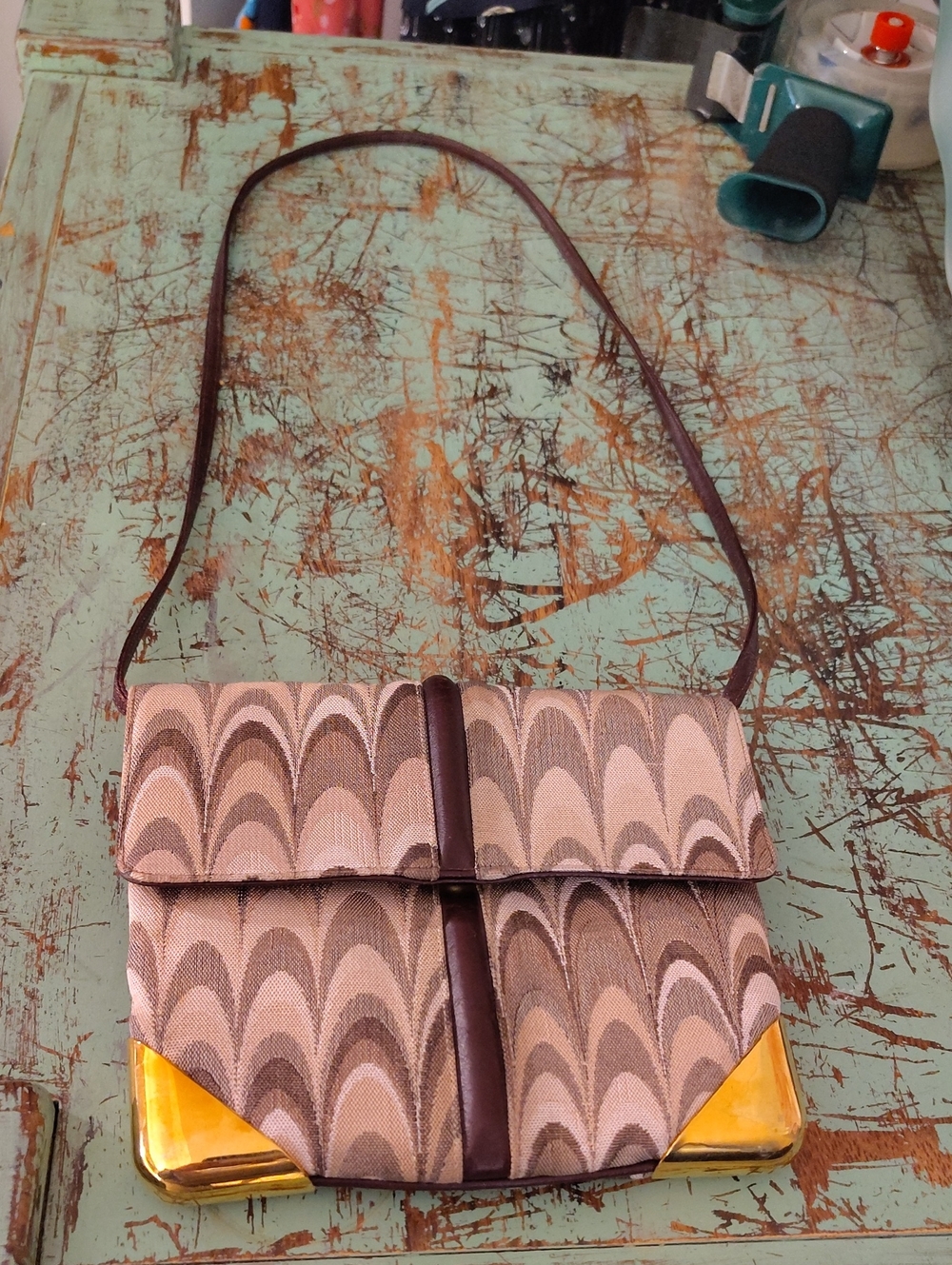 Vintage LOU TAYLOR Brown Patterned Crossbody Bag with Gold-Tone Corners